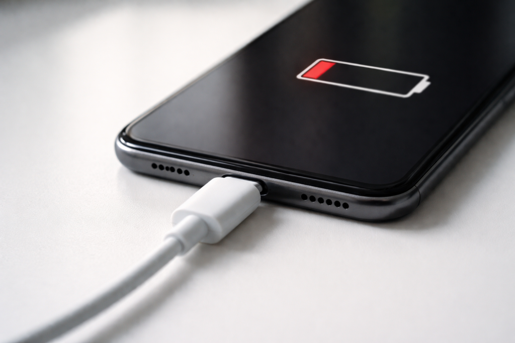 Smartphone plugged into charging cable but not charging with empty battery icon on screen — phone won't charge when plugged in
