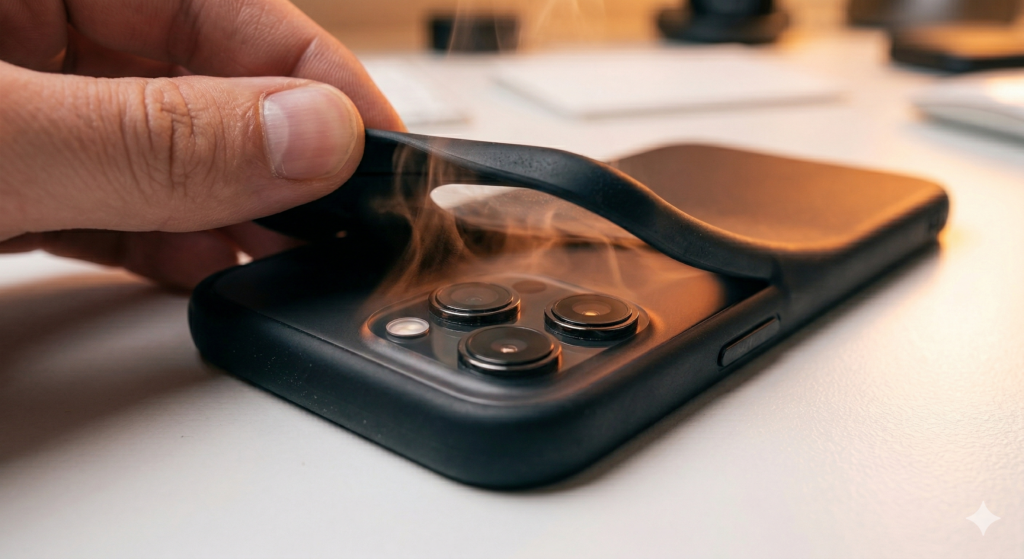 Smartphone removed from tight silicone case showing heat buildup — phone case heat dissipation failure causing logic board damage in 2026