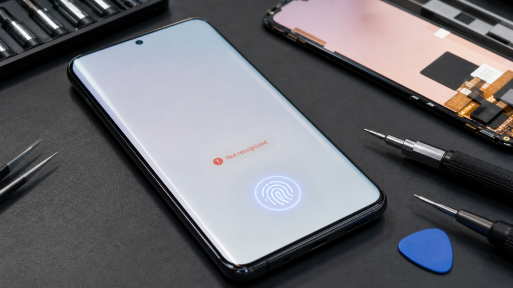 Under-display fingerprint sensor not working after screen replacement on a 2026 Android smartphone, shown on a professional repair workbench.