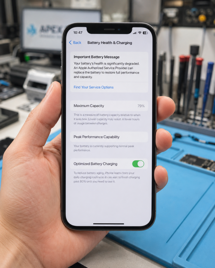 iPhone battery health check in workshop